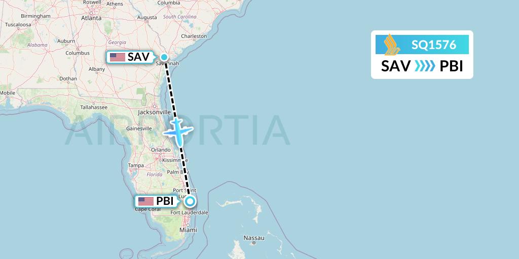 SQ1576 Singapore Airlines Flight Map: Savannah to West Palm Beach