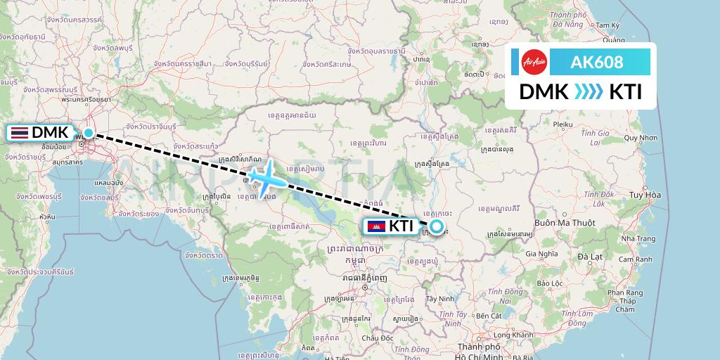 AK608 AirAsia Flight Map: Bangkok to Kratie