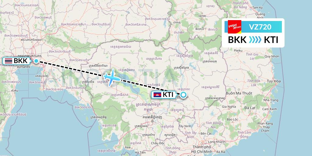 VZ720 Thai Vietjet Air Flight Map: Bangkok to Kratie