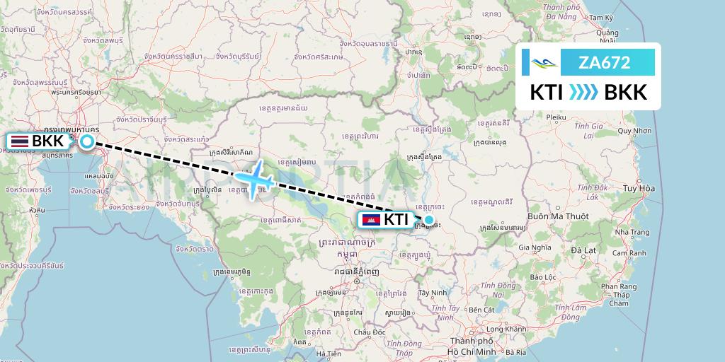 ZA672 Sky Angkor Airlines Flight Map: Kratie to Bangkok