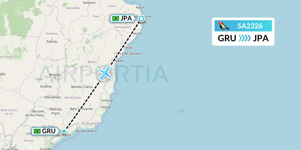 SA2326 South African Airways Flight Map: Sao Paulo to Joao Pessoa