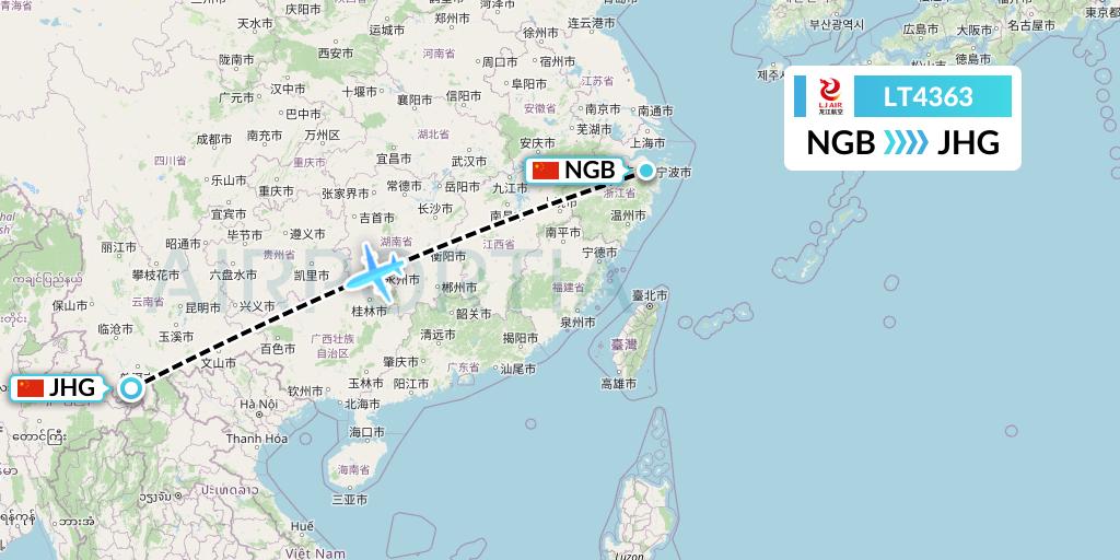 LT4363 LongJiang Airlines Flight Map: Ningbo to Jinghong