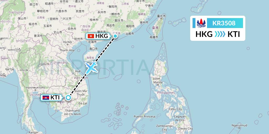 KR3508 Cambodia Airways Flight Map: Hong Kong to Kratie