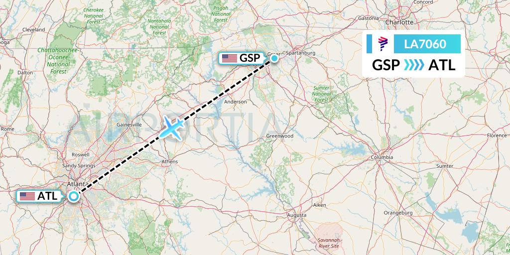 LA7060 LAN Airlines Flight Map: Greenville-Spartanburg to Atlanta