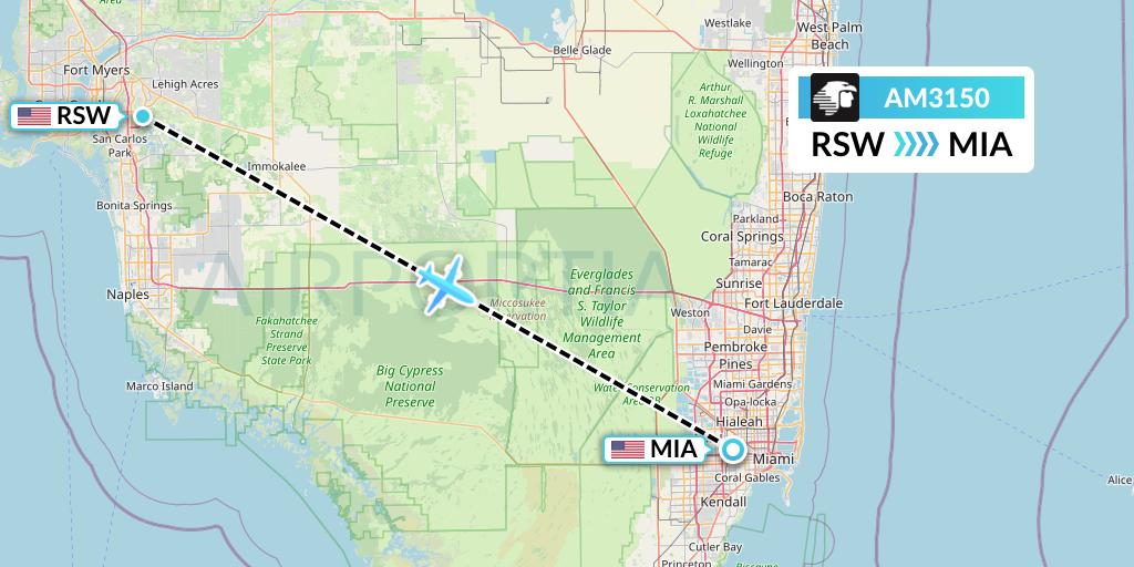 AM3150 Aeromexico Flight Map: Fort Myers to Miami