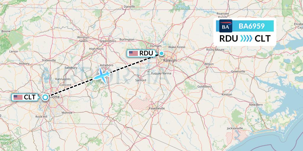 BA6959 British Airways Flight Map: Raleigh-Durham to Charlotte