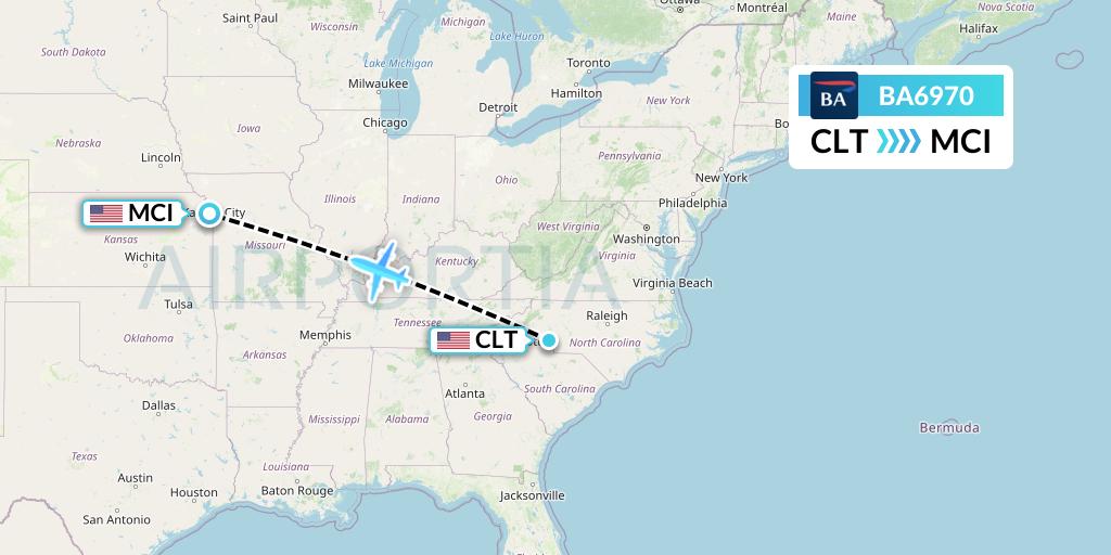 BA6970 British Airways Flight Map: Charlotte to Kansas City