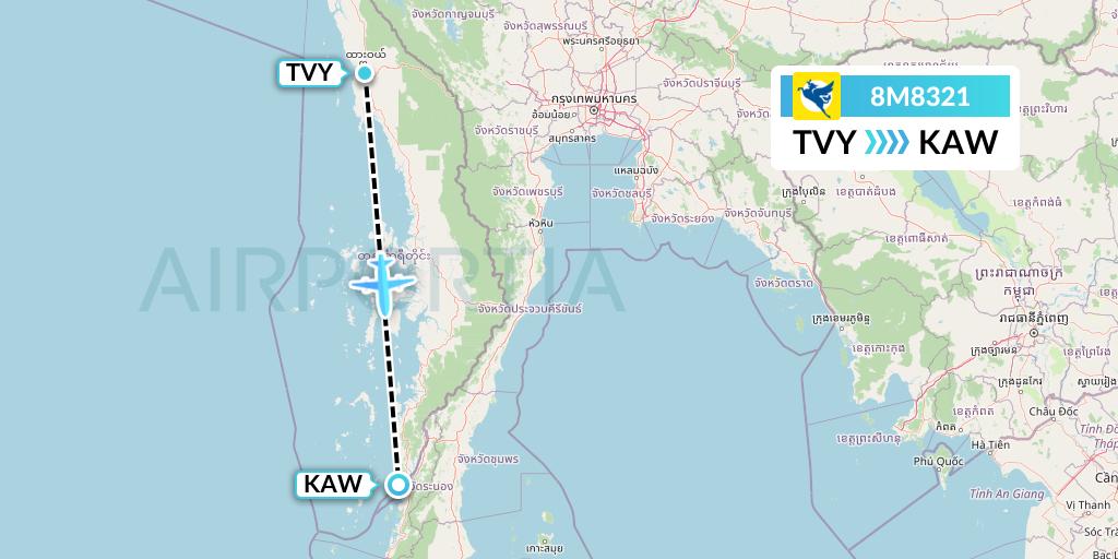 8M8321 Myanmar Airways International Flight Map: Dawei to Kawthaung