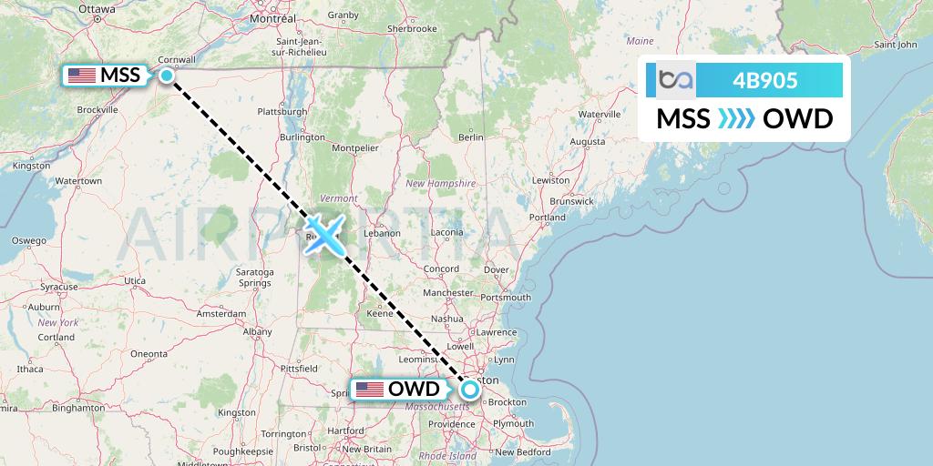 4B905 Boutique Air Flight Map: Massena to Norwood