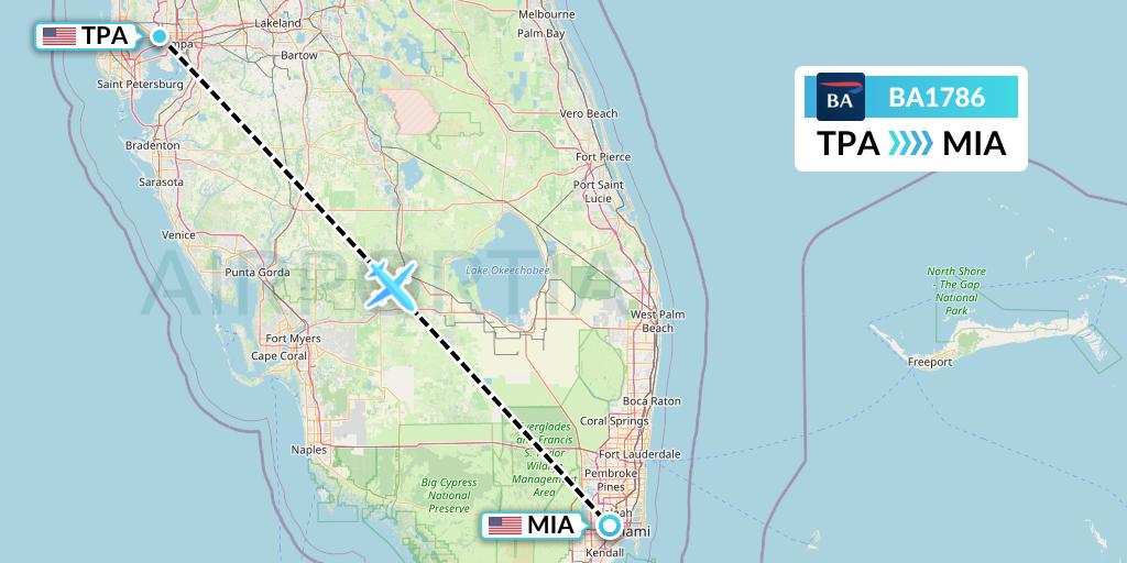 BA1786 British Airways Flight Map: Tampa to Miami