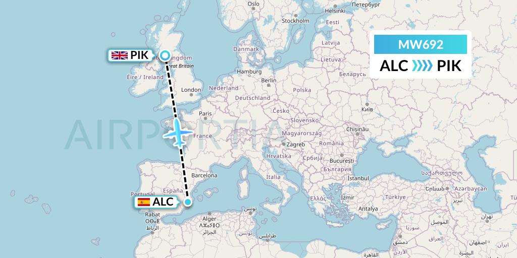 MW692 Mokulele Flight Service Flight Map: Alicante to Prestwick