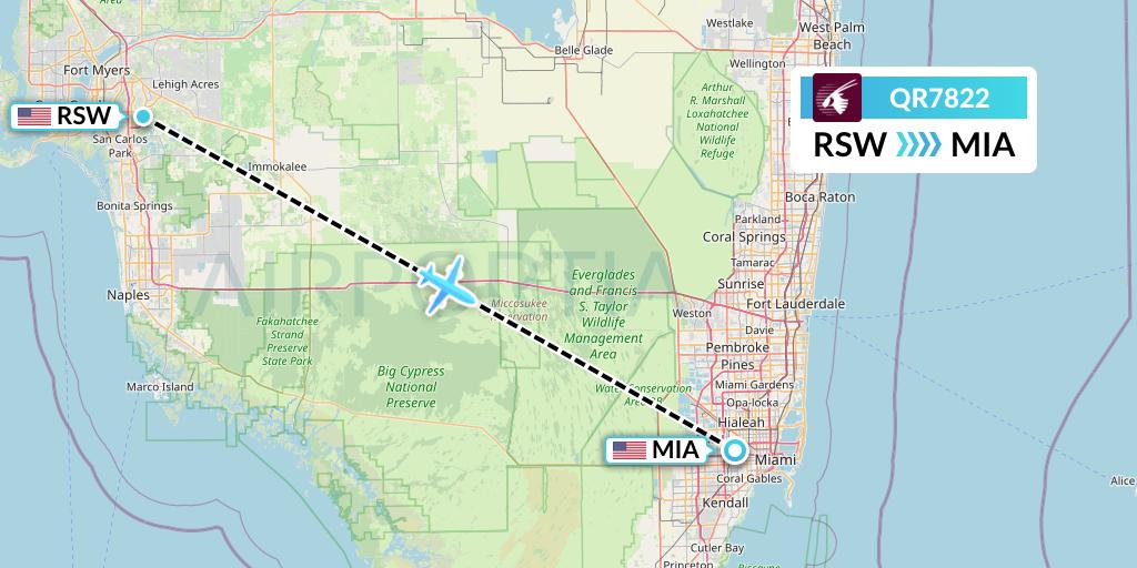 QR7822 Qatar Airways Flight Map: Fort Myers to Miami