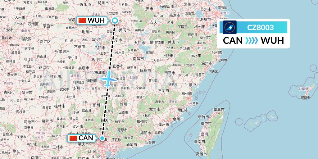 CZ8003 China Southern Airlines Flight Map: Guangzhou to Wuhan