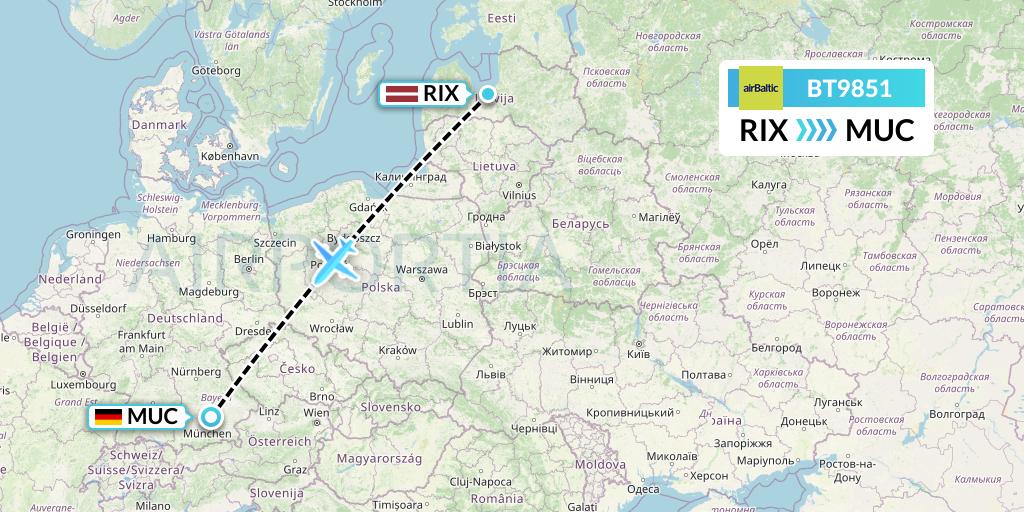 BT9851 Air Baltic Flight Map: Riga to Munich