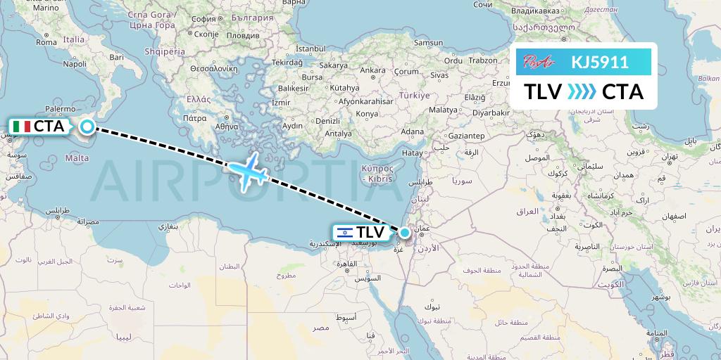 KJ5911 Air Incheon Flight Map: Tel Aviv to Catania