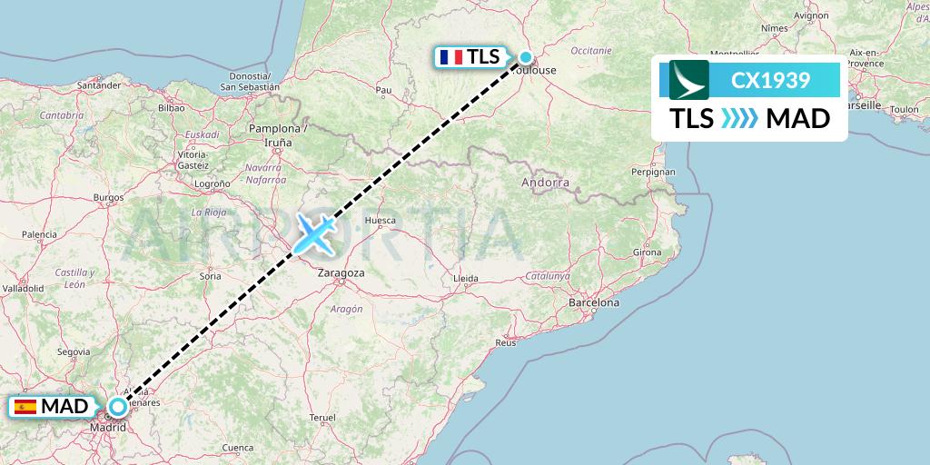 CX1939 Cathay Pacific Flight Map: Toulouse to Madrid
