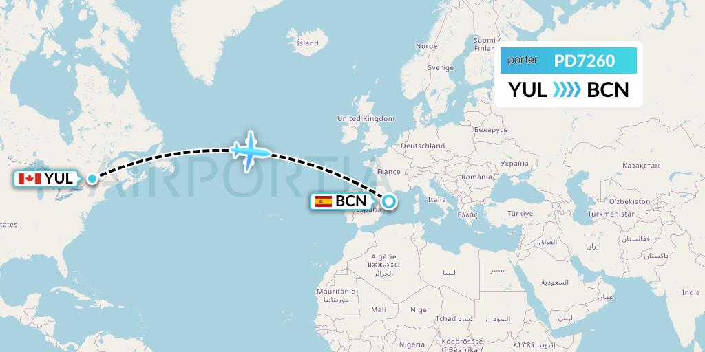 PD7260 Porter Airlines Flight Map: Montreal to Barcelona