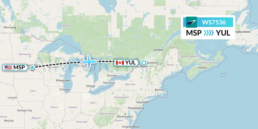 WS7536 WestJet Flight Map: Minneapolis to Montreal