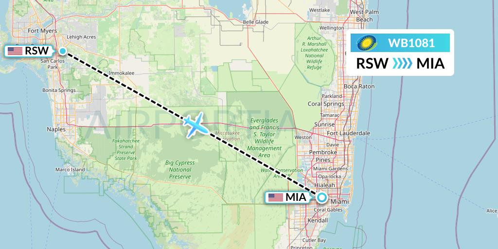 WB1081 RwandAir Flight Map: Fort Myers to Miami