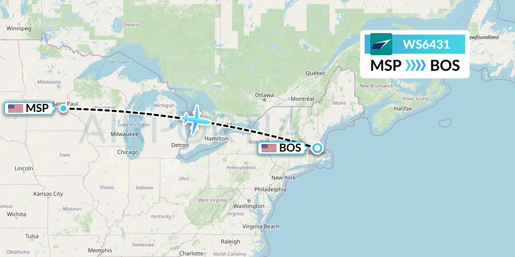 WS6431 WestJet Flight Map: Minneapolis to Boston