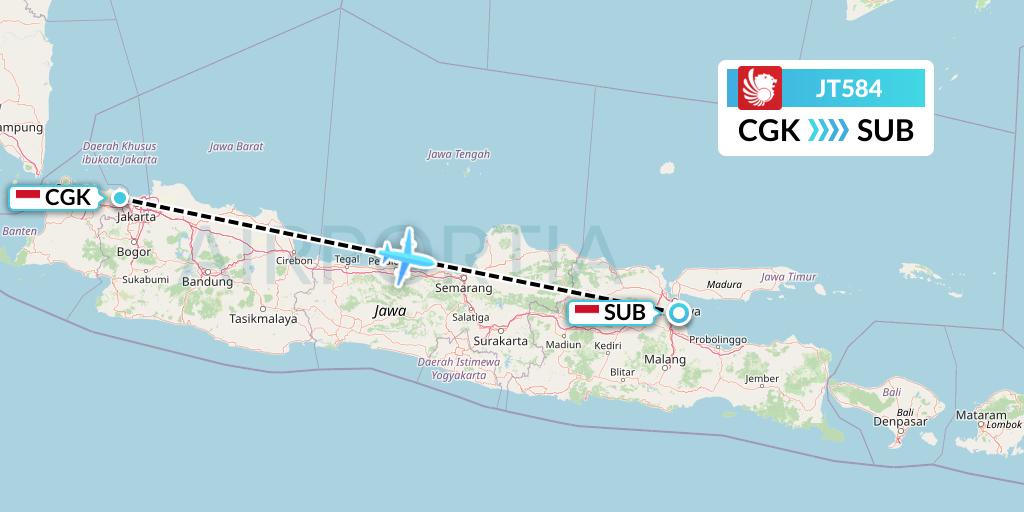 JT584 Lion Airlines Flight Map: Jakarta to Surabaya