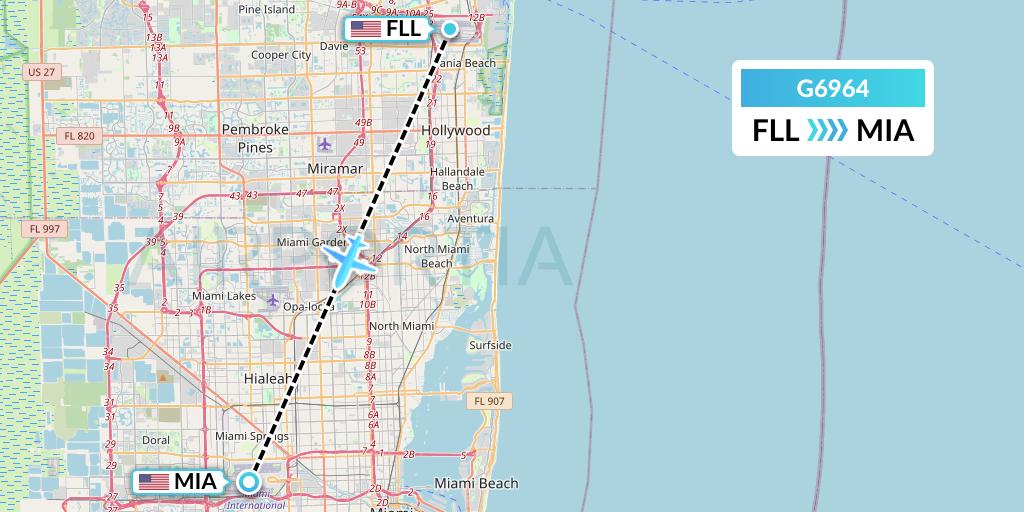 G6964 Fly Arna Flight Map: Fort Lauderdale to Miami