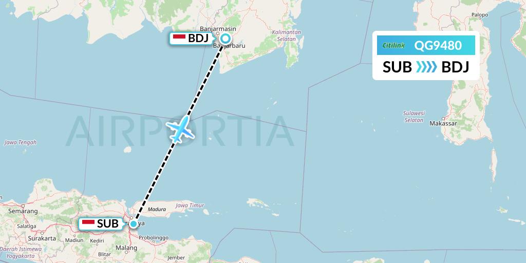 QG9480 Citilink Flight Map: Surabaya to Banjarmasin