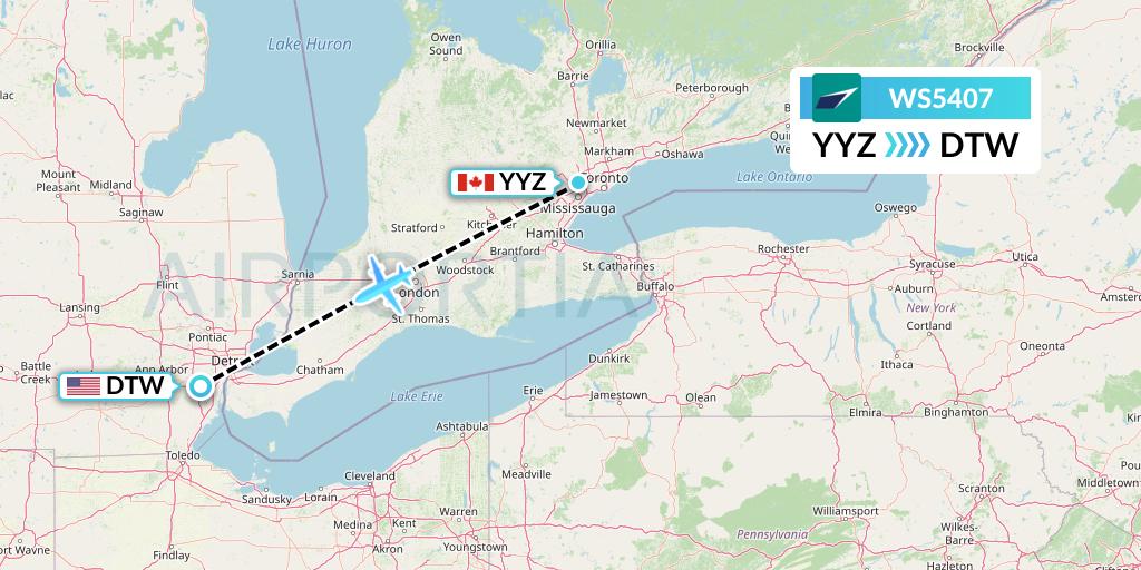 WS5407 WestJet Flight Map: Toronto to Detroit