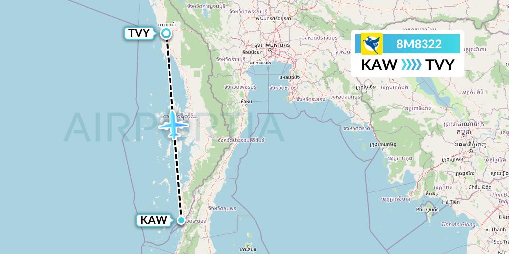 8M8322 Myanmar Airways International Flight Map: Kawthaung to Dawei