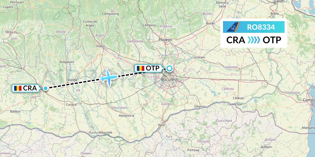 RO8334 Tarom Flight Map: Craiova to Bucharest
