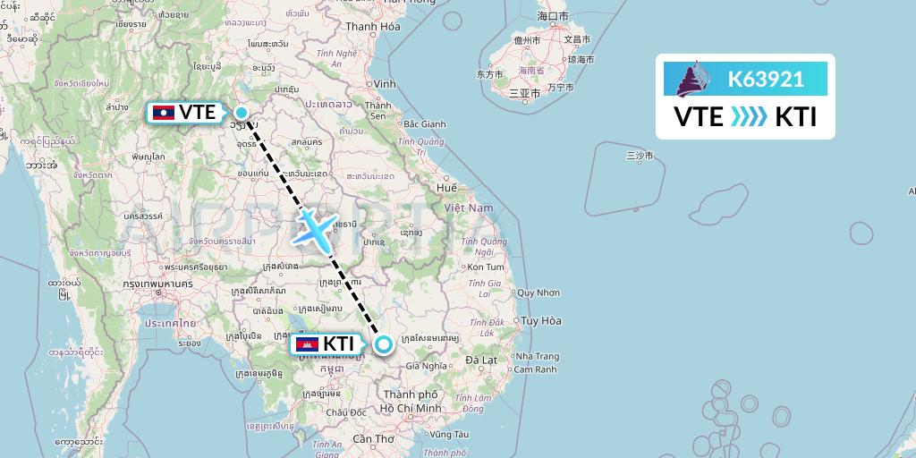 K63921 Cambodia Angkor Air Flight Map: Vientiane to Kratie
