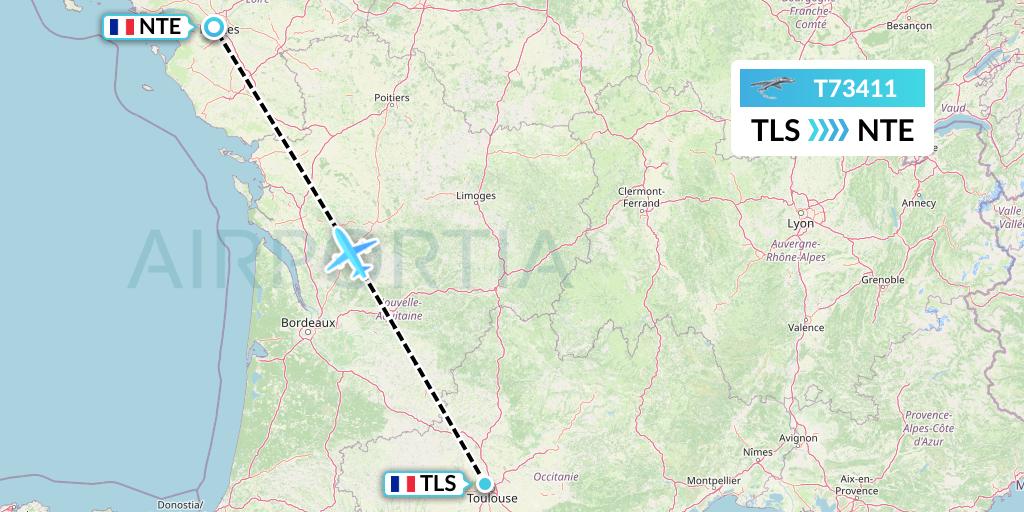 T73411 Twin Jet Flight Map: Toulouse to Nantes