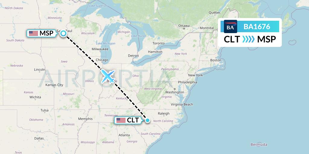 BA1676 British Airways Flight Map: Charlotte to Minneapolis