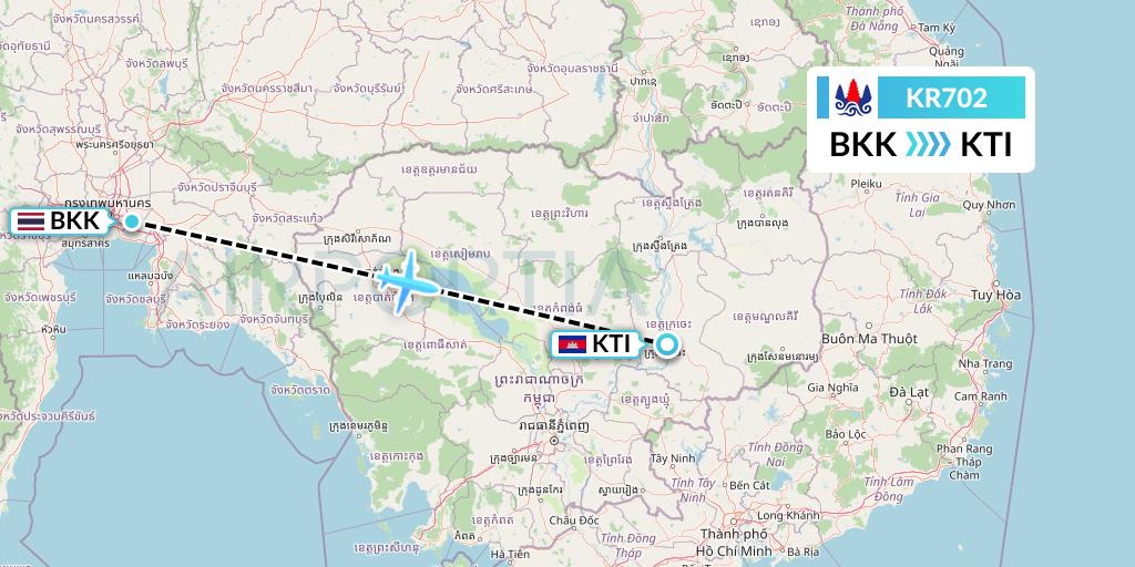 KR702 Cambodia Airways Flight Map: Bangkok to Kratie
