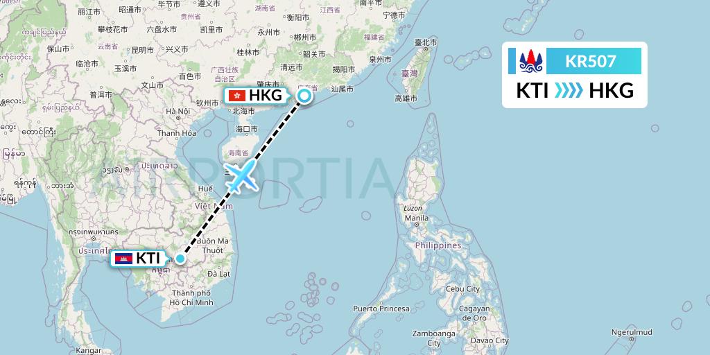 KR507 Cambodia Airways Flight Map: Kratie to Hong Kong