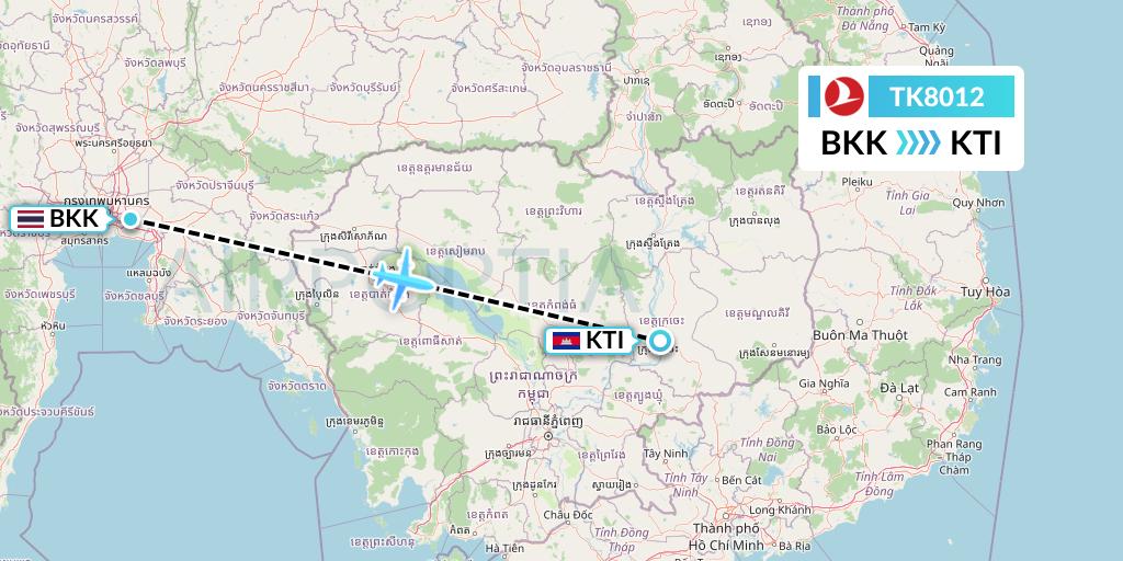 TK8012 Turkish Airlines Flight Map: Bangkok to Kratie