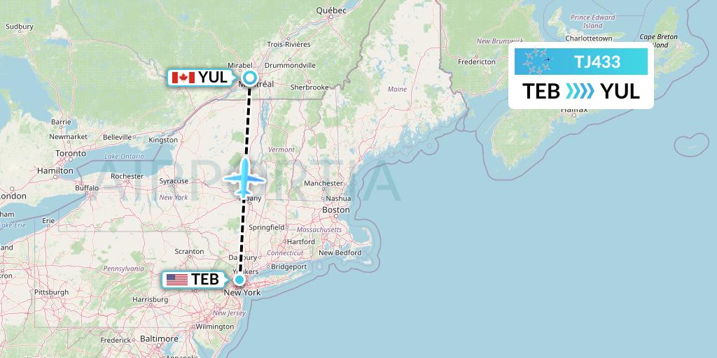 TJ433 Tradewind Aviation Flight Map: Teterboro to Montreal