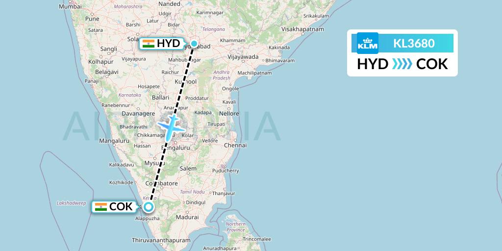 KL3680 KLM Flight Map: Hyderabad to Cochin