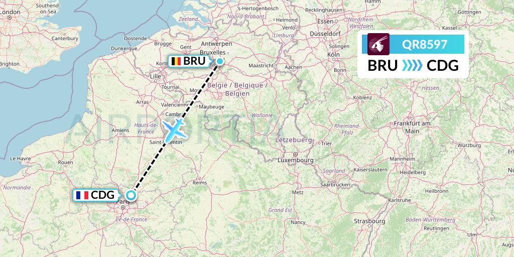 QR8597 Qatar Airways Flight Map: Brussels to Paris