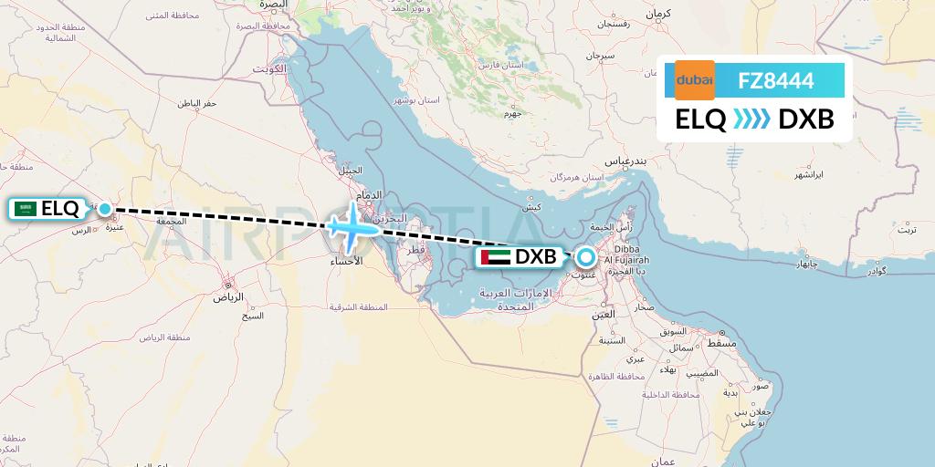 FZ8444 FlyDubai Flight Map: Al-Qassim to Dubai
