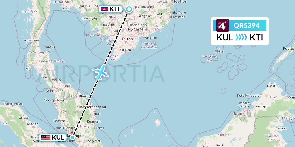 QR5394 Qatar Airways Flight Map: Kuala Lumpur to Kratie