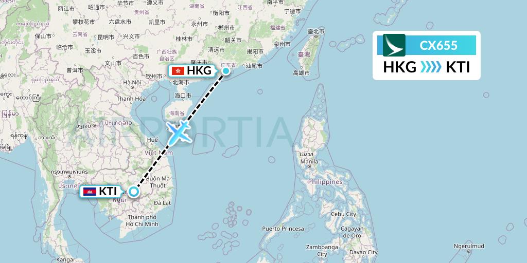 CX655 Cathay Pacific Flight Map: Hong Kong to Kratie