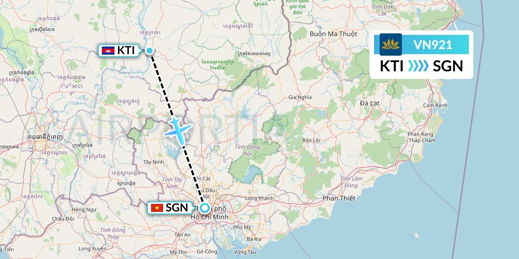 VN921 Vietnam Airlines Flight Map: Kratie to Ho Chi Minh City