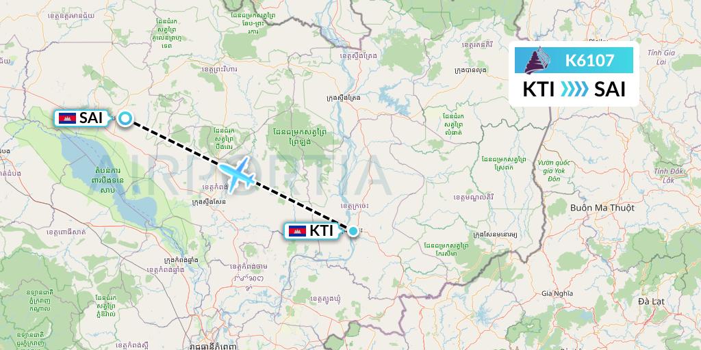 K6107 Cambodia Angkor Air Flight Map: Kratie to Siem Reap