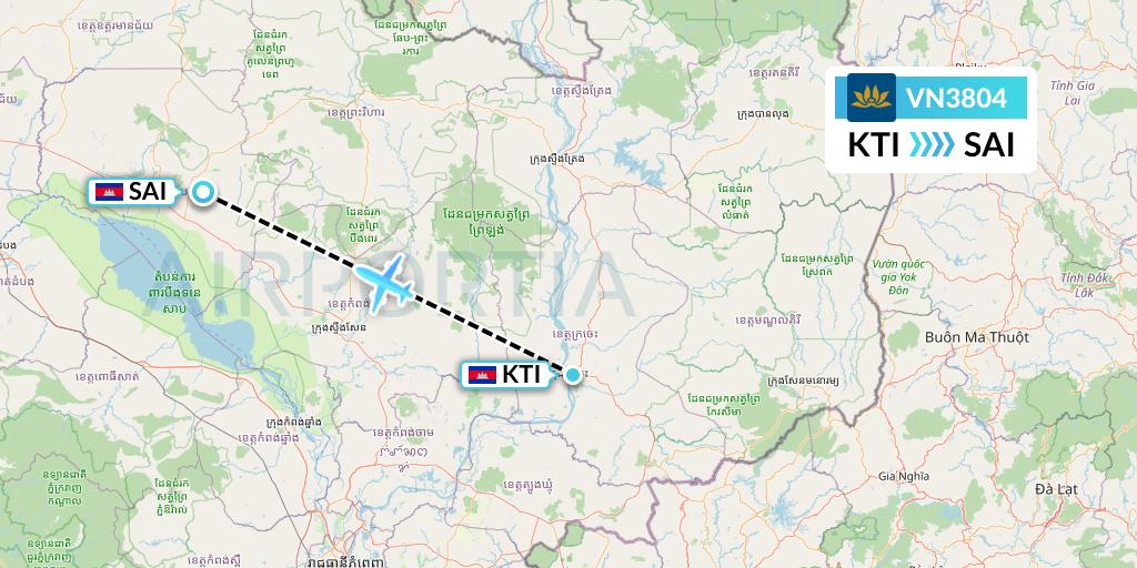 VN3804 Vietnam Airlines Flight Map: Kratie to Siem Reap