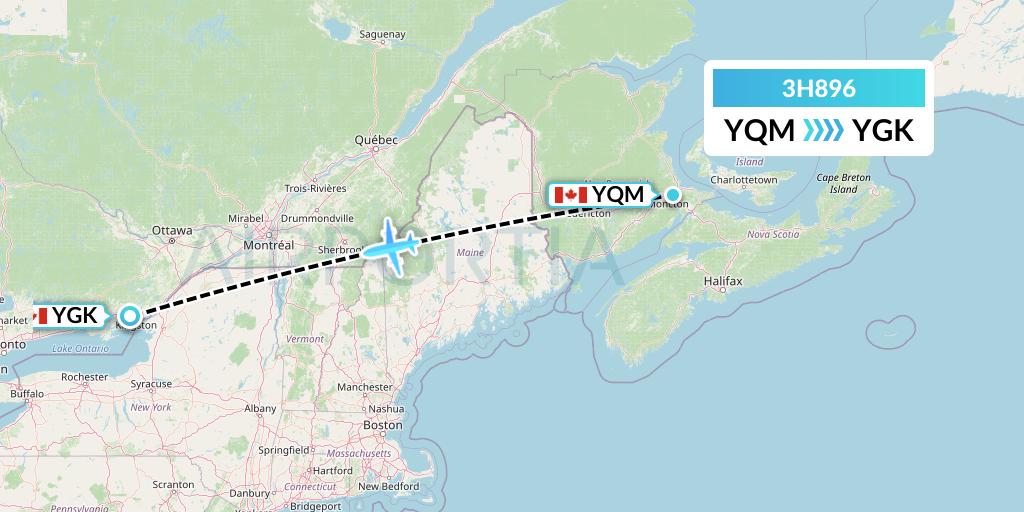 3H896 Air Inuit Flight Map: Moncton to Kingston