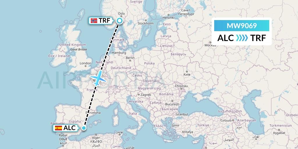 MW9069 Mokulele Flight Service Flight Map: Alicante to Oslo