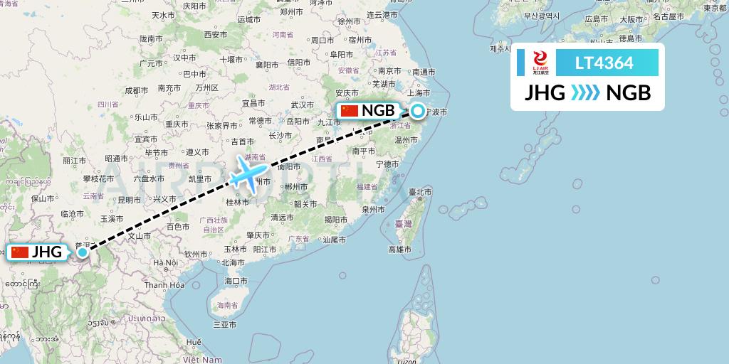 LT4364 LongJiang Airlines Flight Map: Jinghong to Ningbo