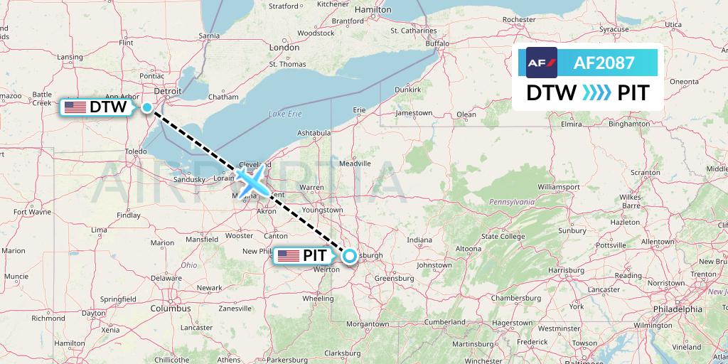 AF2087 Air France Flight Map: Detroit to Pittsburgh