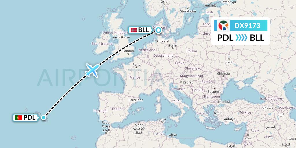 DX9173 Danish Air Transport Flight Map: Ponta Delgada to Billund